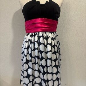 Y2K Strapless Black Polka Dot Hot Pink Satin Sash Mini Dress M Cocktail Party